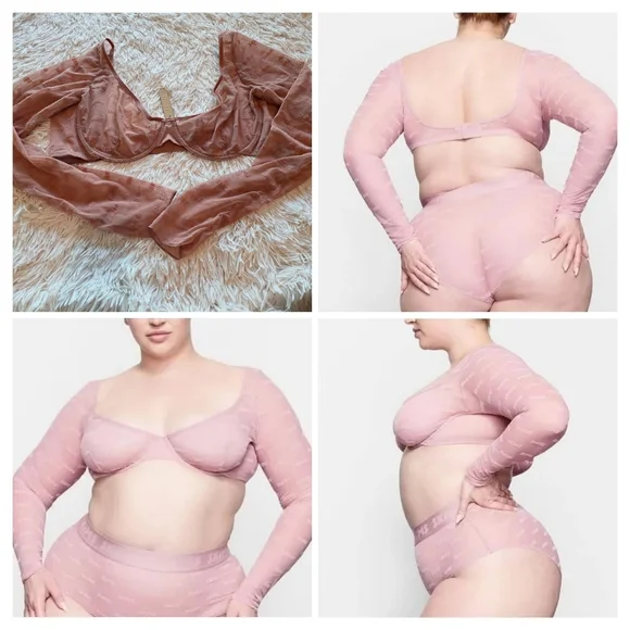 SKIMS After Hours Bra Top Long Sleeve Flocked Logo Mesh  ROSE CLAY 3X - Picture 13 of 13